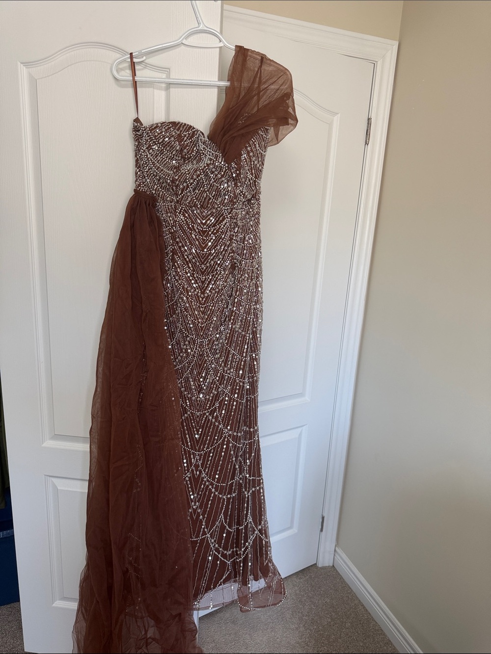 Brown Beaded One-Shoulder Evening Gown